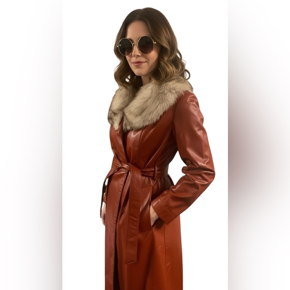 Elegant Brown Faux Leather Coat with Fur Collar